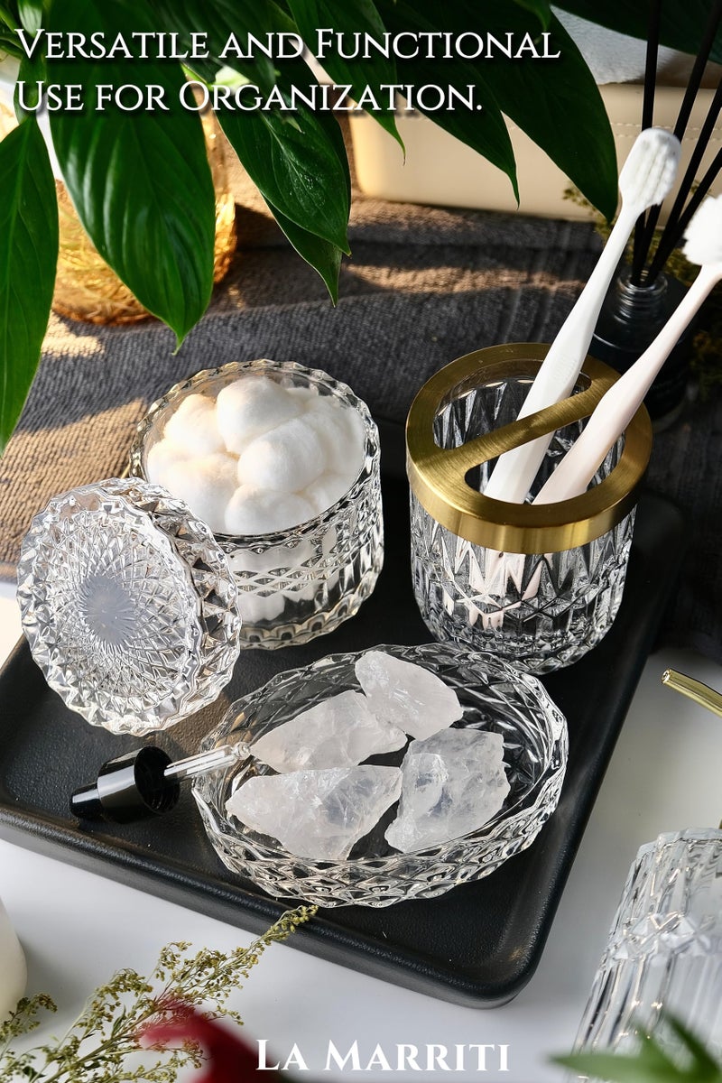 LaMarriti Glass Bathroom Accessories Set  5pcs Crystal Clear Bathroom Accessories  Toothbrush Holder Set  Lotion Dispenser  Soap Dish  Tumbler  Qtips Holder  Vintage Bathroom Decor - Image 4
